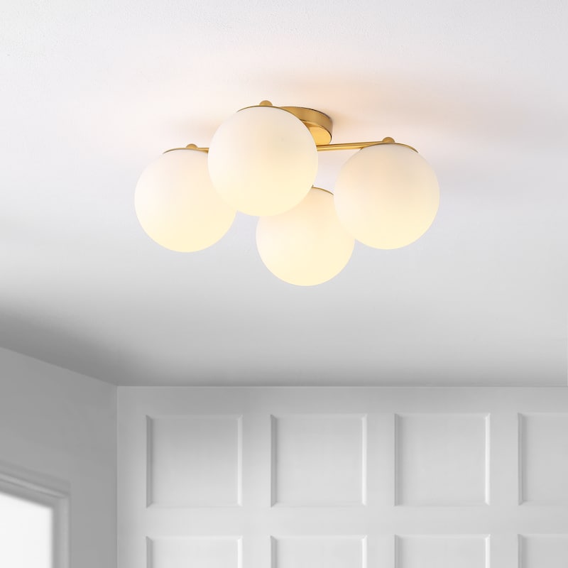 Luca 18" 4-Light Bohemian Farmhouse Iron/Frosted Glass LED Semi Flush Mount, Brass Gold/White by JONATHAN Y