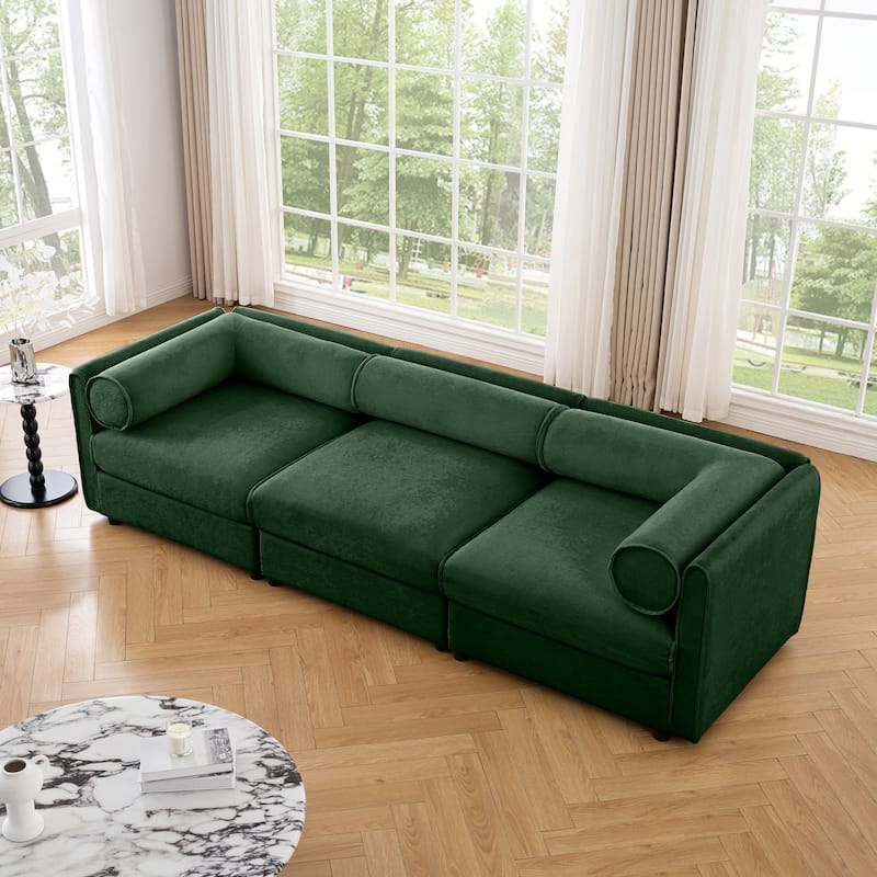 Modern 3 Deep Seat Modular Sofa with Storage, Cylindrical Backrest & Armrests - Green