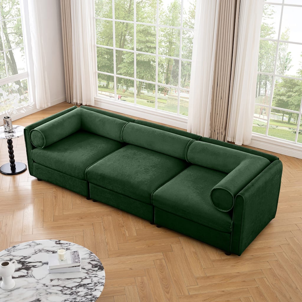 Modern 3 Deep Seat Modular Sofa with Storage, Cylindrical Backrest & Armrests