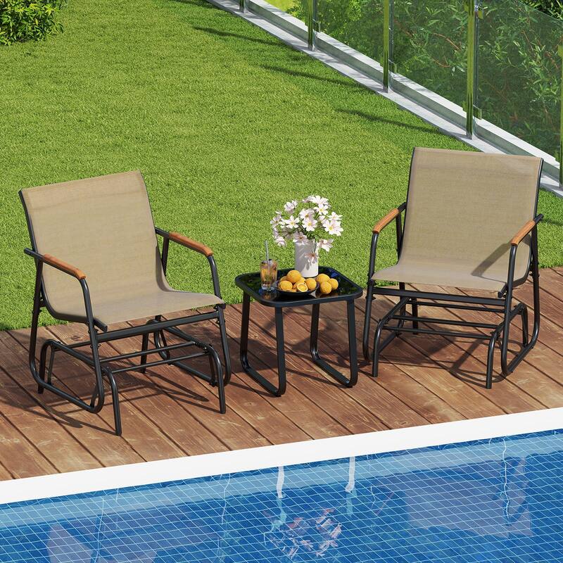 3-Piece Outdoor Patio Glider Set with Rocker Chairs Teak Arms and Tempered Glass Table - 29" x 24" x 33"