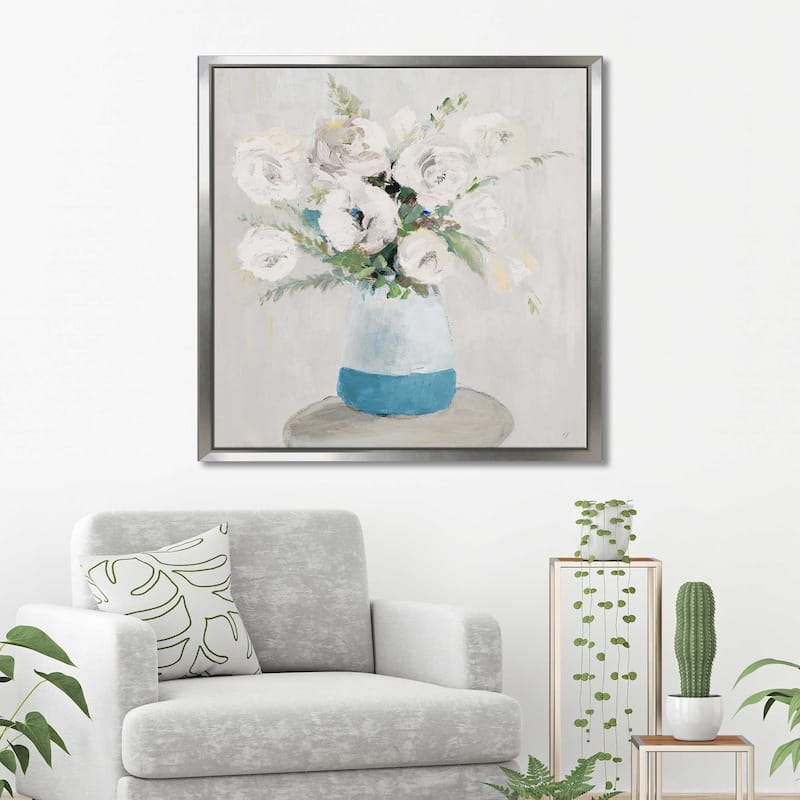 "White Peonies in Tonal Vase" Print on Floating Canvas