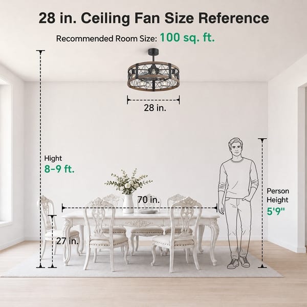 dimension image slide 0 of 8, Caged Ceiling Fan with Light and Remote, 11.8–28 Inch Low Profile Fandelier, 6-Speed Quiet DC Motor, Black/Satin Nickel
