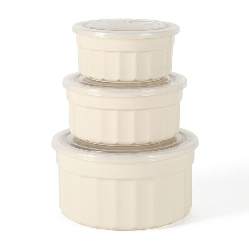 Martha Stewart Broadbrook 6 Piece Stoneware Meal Prep Container Set with Lids, Cream, Oven, Microwave & Dishwasher Safe