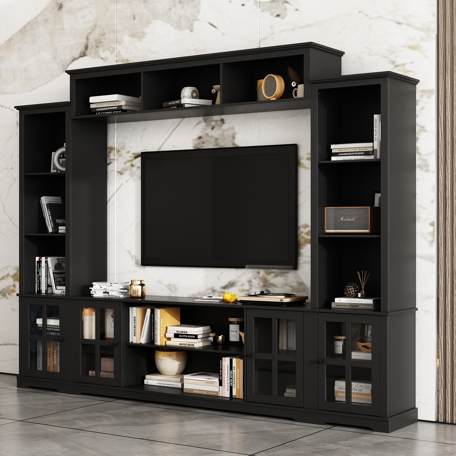 Entertainment center store with bookshelves