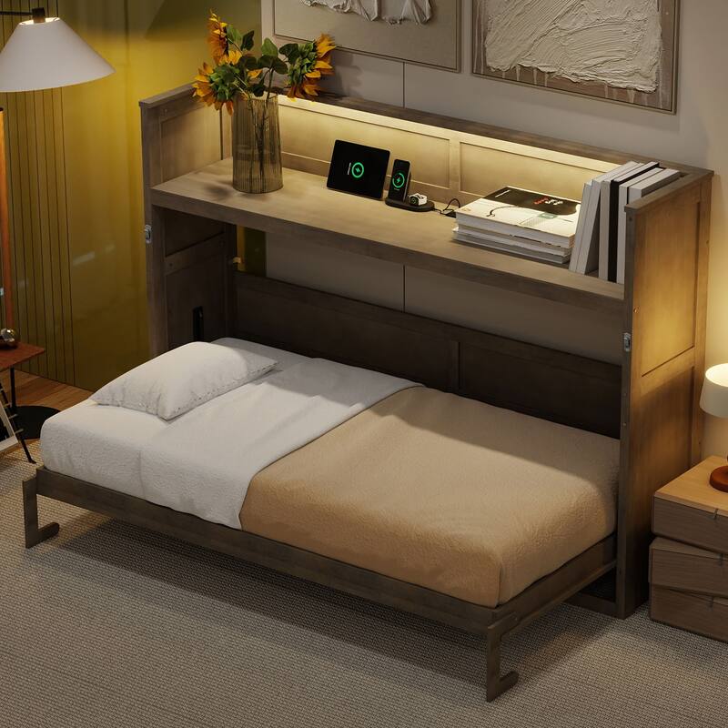 Twin XL Size Murphy Bed with Desk and LED Light by Harper&Bright Designs