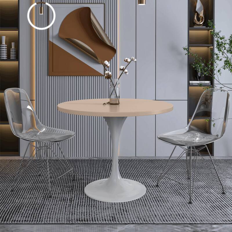 LeisureMod Verve 36" Round Dining Table with MDF Wood TableTop and White Steel Base for Kitchen & Dining Room