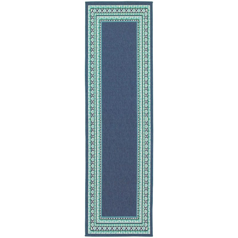 Style Haven Martinque Green Bordered Navy Indoor/ Outdoor Area Rug~ - 2'3" x 7'6" Runner - Navy/Green