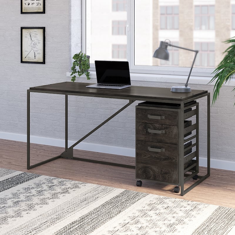 Bush Furniture Refinery 62W Industrial Desk with 3 Drawer Cabinet