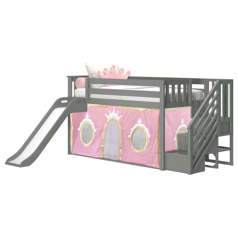 Max and Lily Classic Low Bunk with Stairs, Easy Slide and Curtain