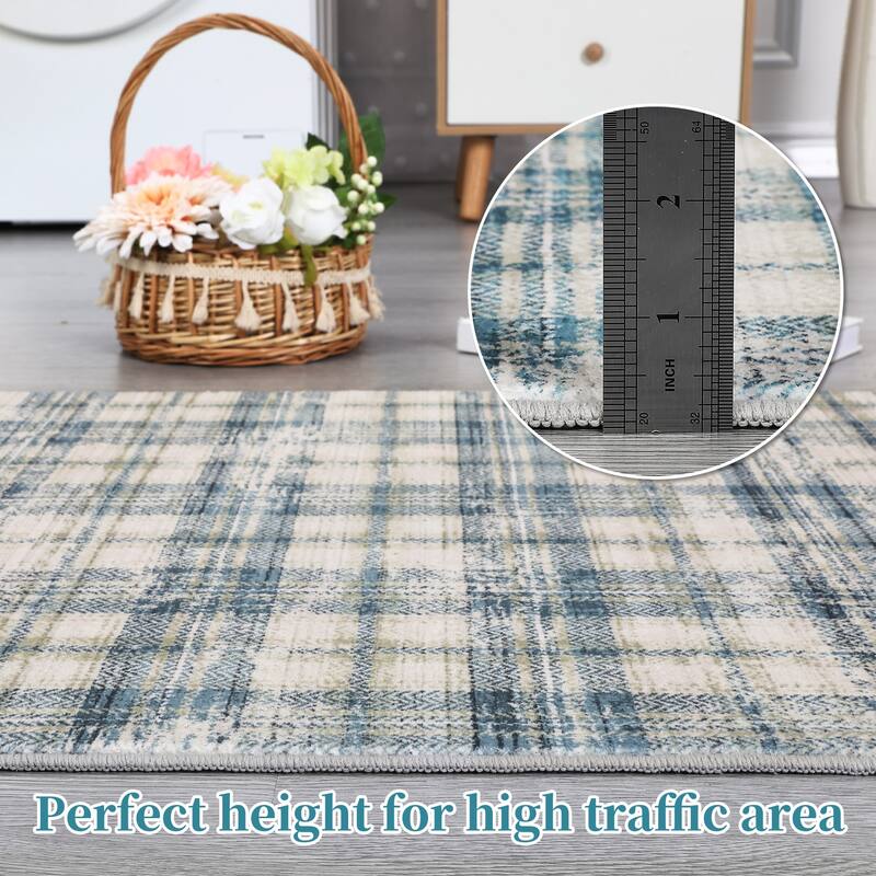 Washable Area Rugs for Living Room Bedroom Modern Plaid Rug Soft Non Slip Low Pile Farmhouse Geometric Rug