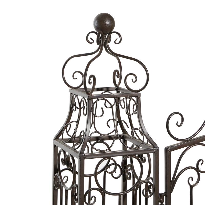 Dark Brown Metal Indoor Outdoor Scrollwork Arched Gate Garden Arbor with Pillars and Latch Lock Closure