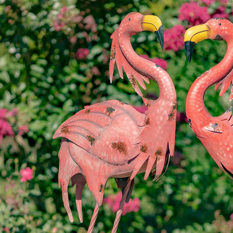 Set of 4 Assorted Bright Pink Iron Flamingos