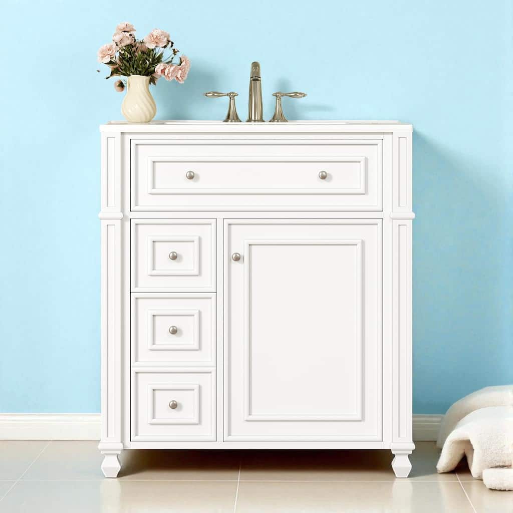 30" Bathroom Vanity with Ceramic Sink Basin, Soft Close Doors, Adjustable Shelf and Door Organizer Cabinet