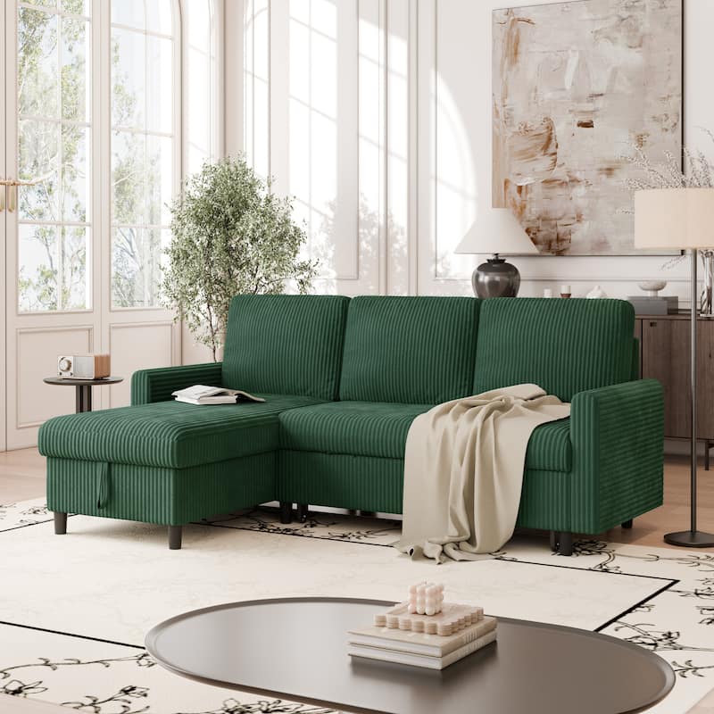 Futzca 3-in-1 Convertible Corduroy Sofa Bed with Storage, L-Shaped Sectional Couch - Green