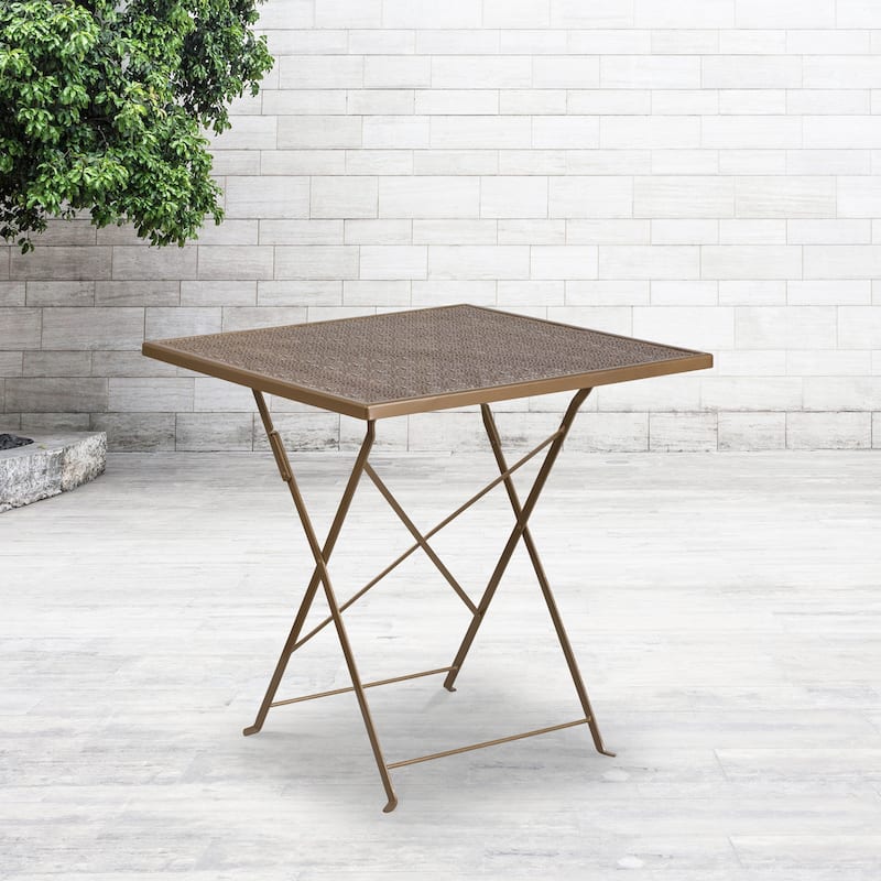 28'' Square Indoor-Outdoor Steel Folding Patio Table - 28"W x 28"D x 28"H - Gold