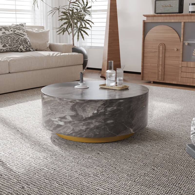 Modern Faux Marble Round Coffee Table Center Table with 2 Drawers, Fully Assembled - Grey Brown