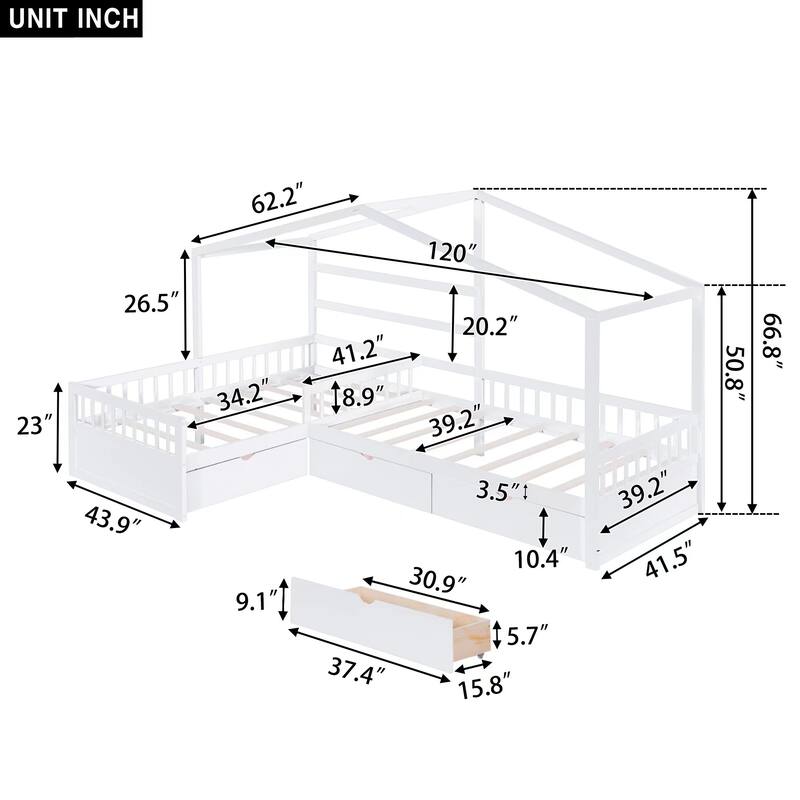 Twin Size House Platform Bed with Three Storage Drawers, White