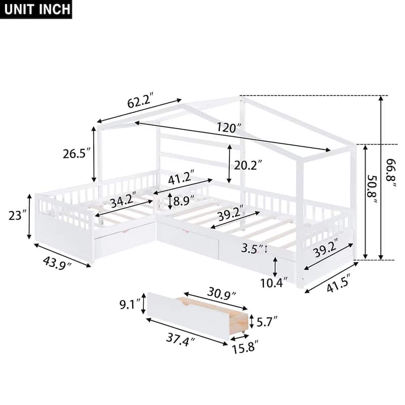 Twin Size House Platform Bed with Three Storage Drawers