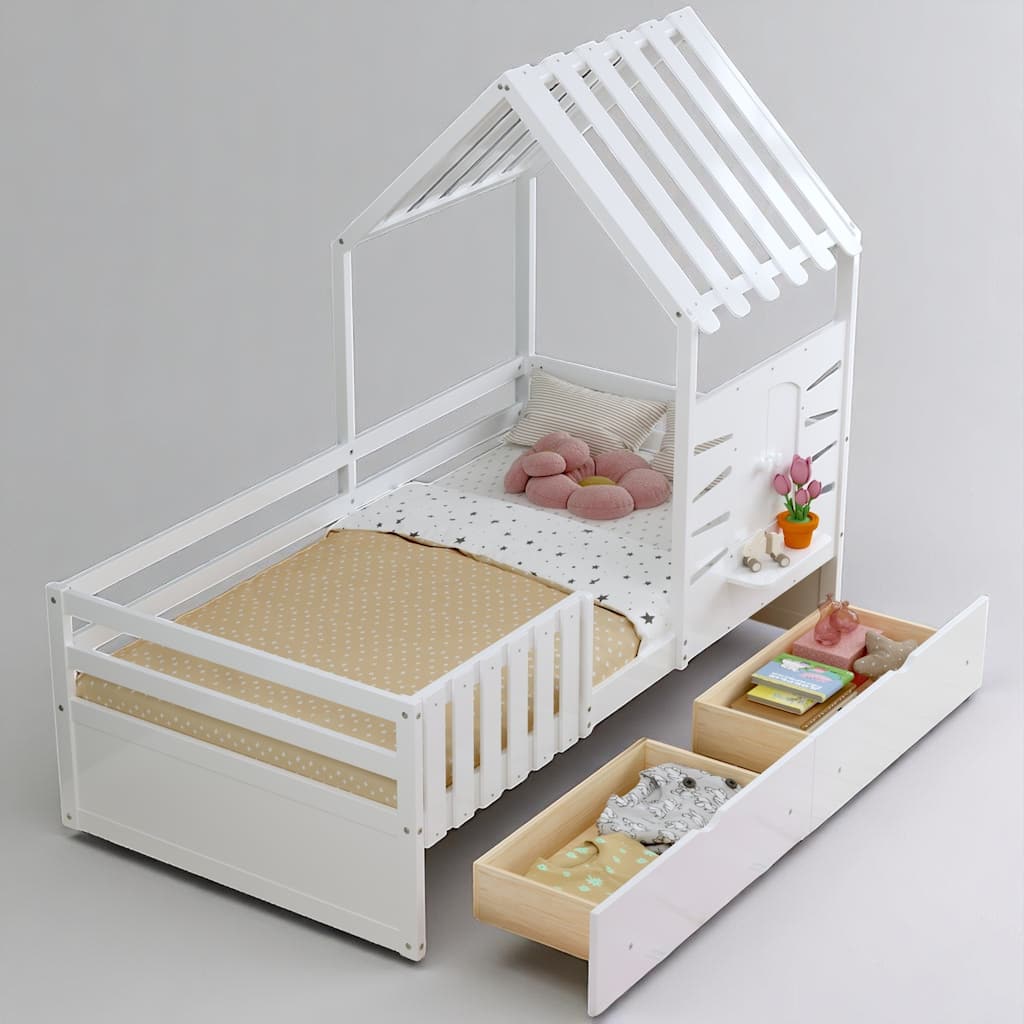 Kids Wooden Twin Bed Frame with Roof, Window Shelf, Guardrails and Storage Drawers, House Design