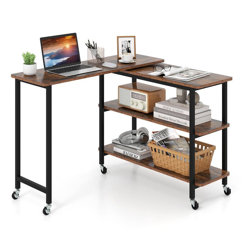 Gymax Free Rotating Sofa Side Table Mobile L-shaped Laptop Table w/ - See Details - Rustic Brown - See Details