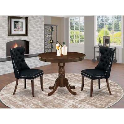 3-Piece Antique Walnut Finish Solid Wood Top - Round Dining Room Set - Seats 4