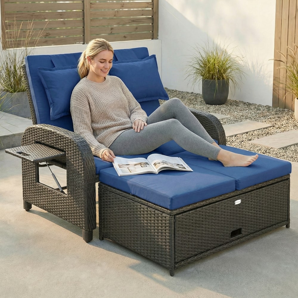 Outsunny Patio Rattan Daybed, Wicker Outdoor Daybed with Storage Ottoman, Loveseat Sofa with Adjustable Backrest