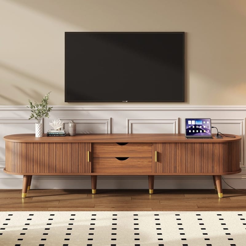 Mid-Century Modern Fluted TV Stand with Charging Station and Ample Storage for TVs Up to 80" - Walnut