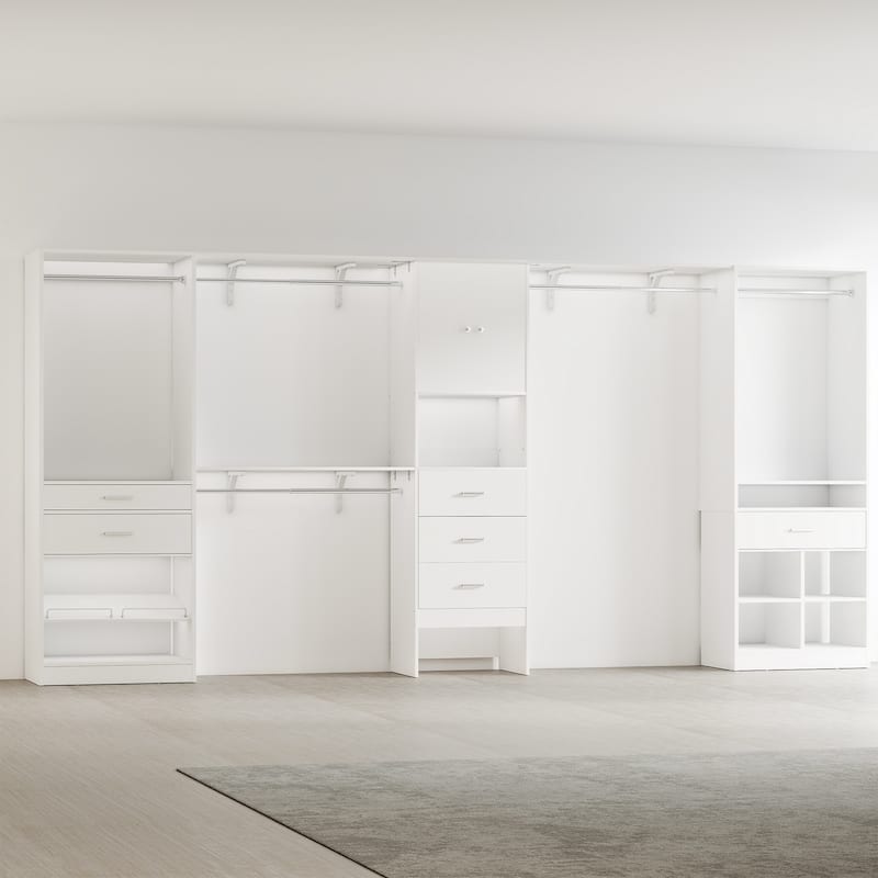 Rhezo 69"-145" W Freestanding Closet System With Wooden Drawers and Hanging Rods,Walk-in Closet Organizer with Doors