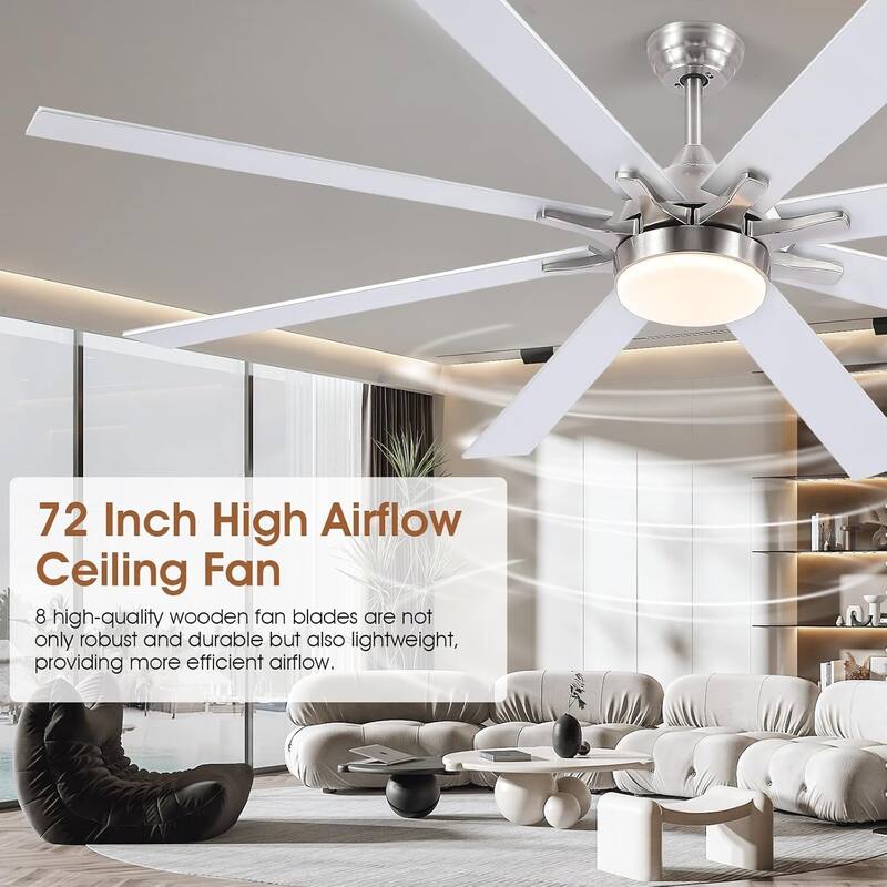 72 Inch Nickle Large Ceiling Fan Light with 8 Plywood Blades,Remote and APP Control - 72 Inches