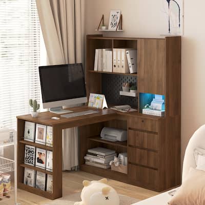 L Shaped Desk with Charger,Computer Desk with Drawers,Bookshelf, with LED Light,Corner Gaming Computer Desk with Storage