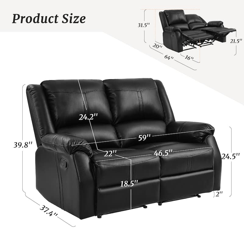 Manual Recliner,Faux Leather Reclining Sofa Set, 2-Seater Reclining Sofas For Living Room - 59"W X 37.4"D X 39.8"H