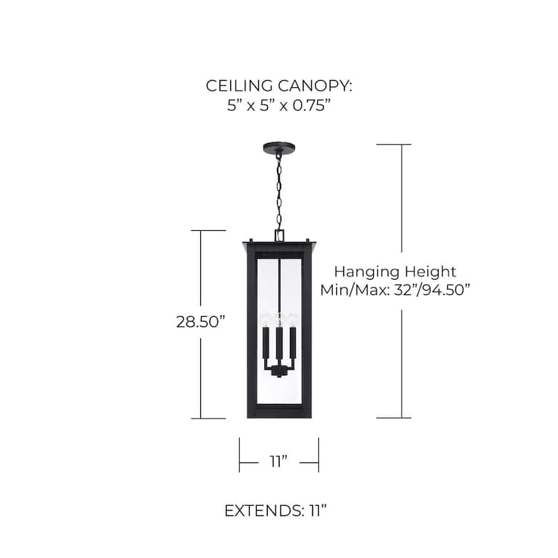 11" W x 28.5" H 4-Light Outdoor Rectangular Hanging Lantern with Clear Glass - 11"W x 28.5"H