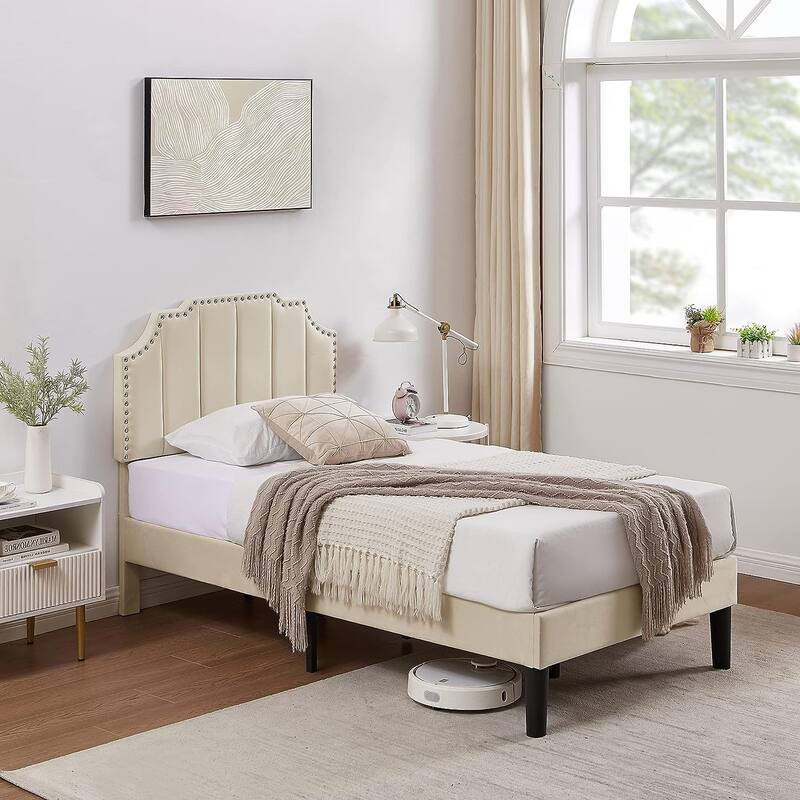 VECELO Upholstered Bed Frame with Nailhead Trim Adjustable Height Headboard, Twin/Full/Queen Size Bedframes