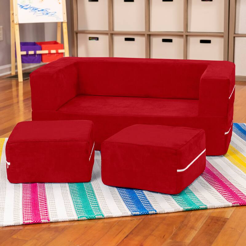 Jaxx Zipline Modular Kids Loveseat with Ottomans - Cherry