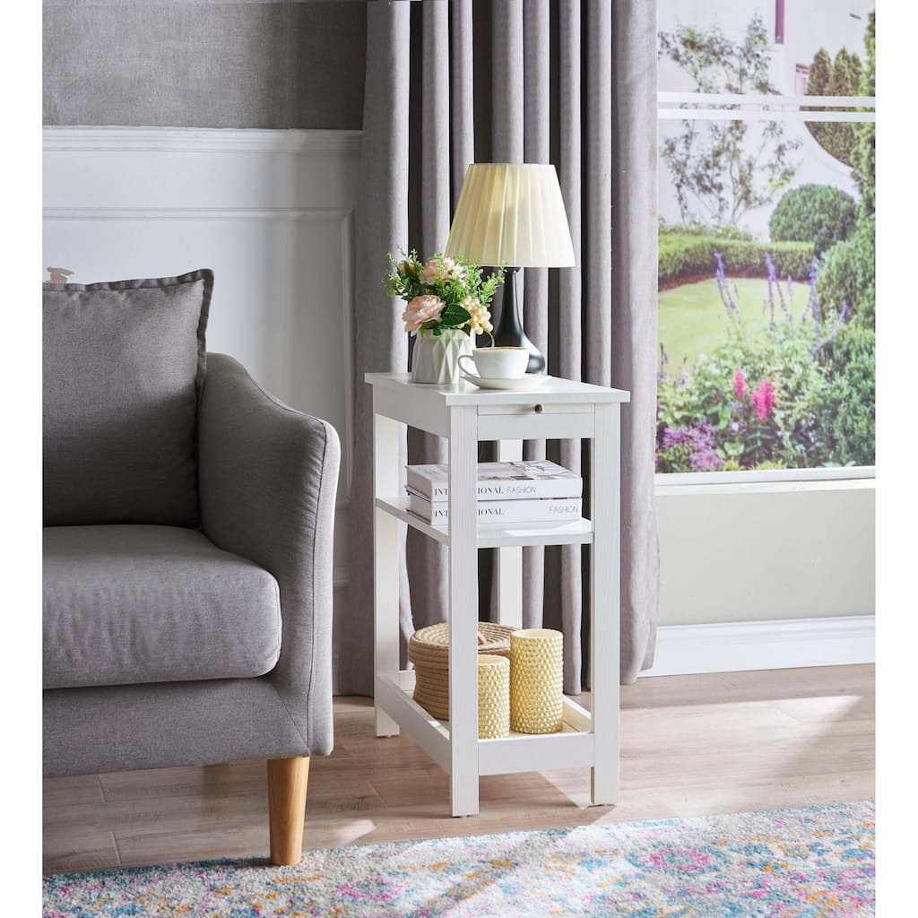Slim Side End Table with Storage Shelves & Pull-Out Tray, White