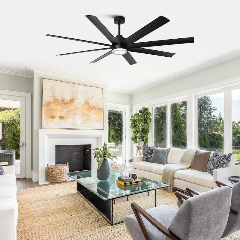 72" Modern Black ABS Large Smart Ceiling Fan with Light and Remote, App Control, Voice Control