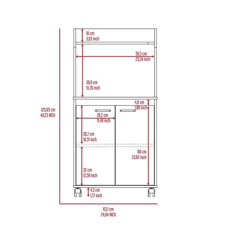 White 1-Shelf 2-Door Kitchen Pantry with Countertop & Caster Wheels, Microwave Storage Solution