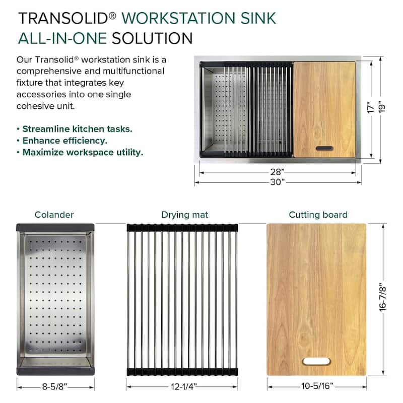 Transolid KWSSU301910 30-in X 19-in X 10-in 18-Gauge Undermount Stainless Steel Kitchen Workstation Sink