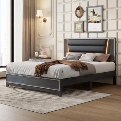Queen Size Upholstered Platform Bed with LED Light Strips, PU Bed Frame with Headboard and Sparkling Shiny Decoration
