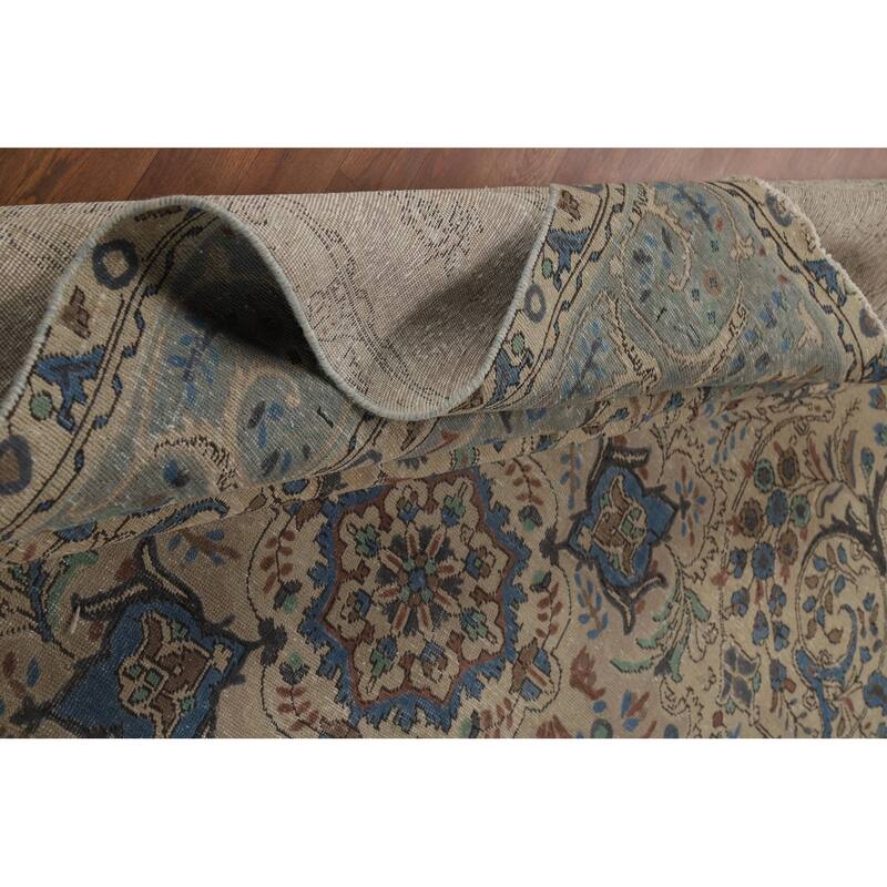 Floral Medallion Tabriz Persian Area Rug Beige Handmade Wool Carpet - 9'7"x 12'9"