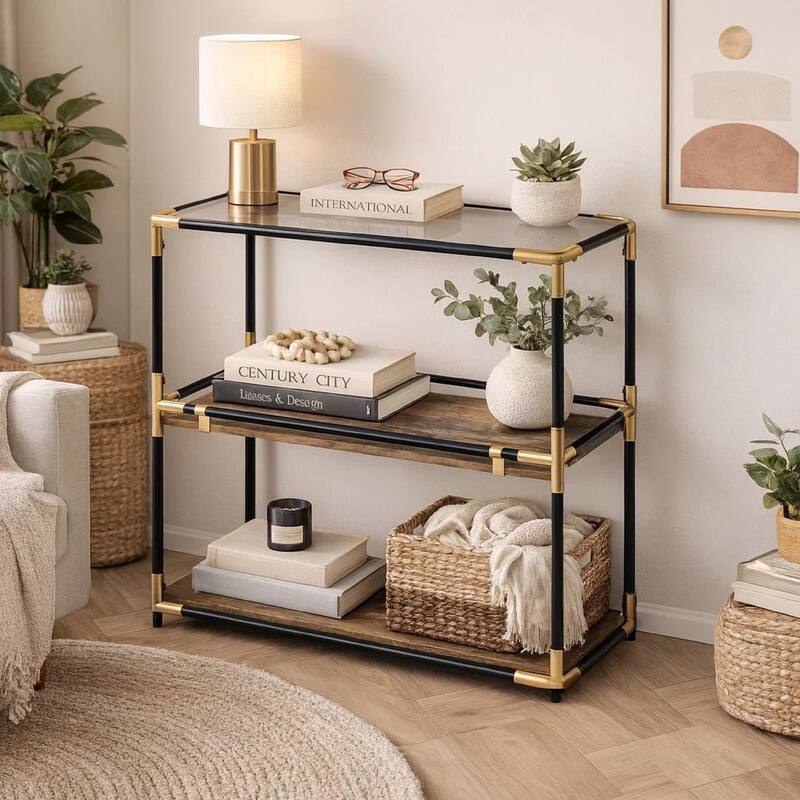 Rechange Glass Top Console Table Metal Tubular Framing and Wooden Shelves, Black and Brown