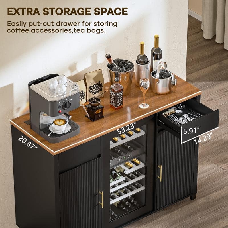 BOSSIN 53.23" Wine Bar Cabinet with Charging Station, Fluted Design, Fits 20" Wine Fridge, Adjustable Shelves for Kitchen