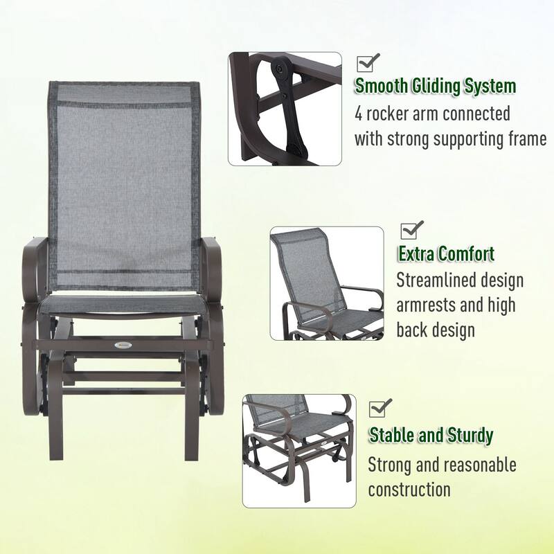 Outsunny Single Glider Patio Swing Rocking Chair with Breathable Mesh, Smooth Arms for Backyard, Garden, Lawn, Grey