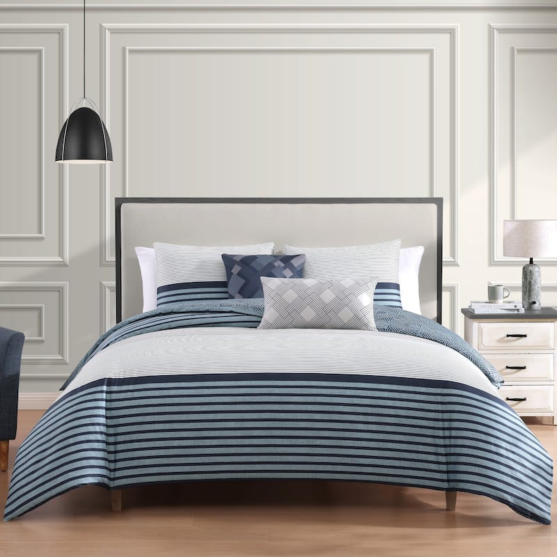 Bebejan Blue Geo Lines 100% Cotton Sateen5 Piece Reversible Comforter Set