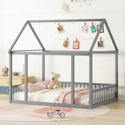 Full Size Floor Wooden Bed with House Roof Frame and Safety Guardrails, NO Box Spring Required, Easy Assembly