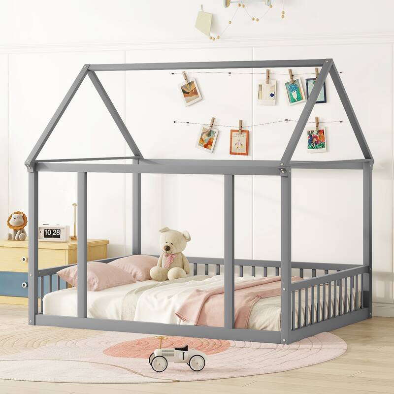Full Size Floor Wooden Bed with House Roof Frame and Safety Guardrails