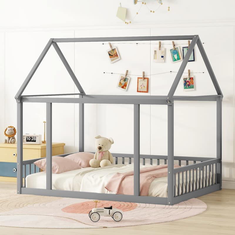Pine Wood Floor Bed with House Roof Frame and Safety Guardrails - Full - Gray