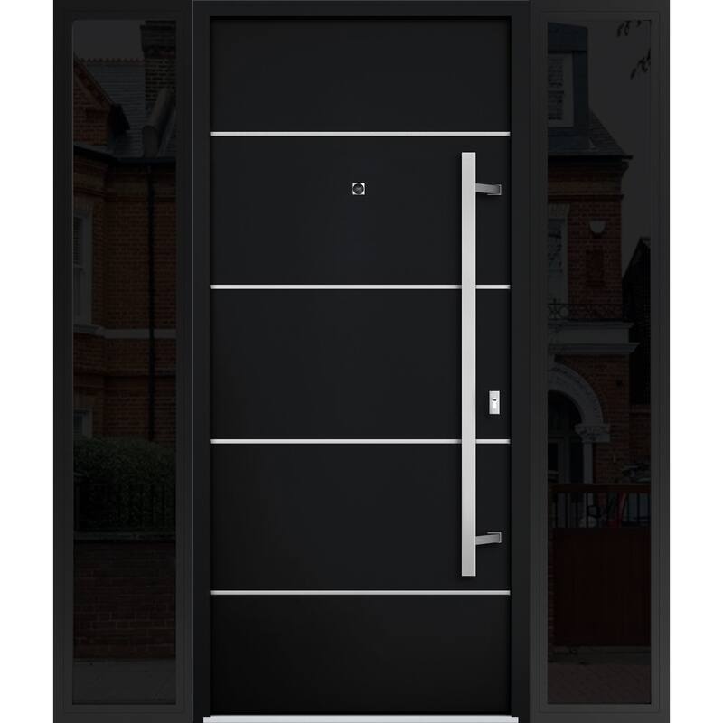 Front Prehung Steel Door 6083 Black Enamel Top Window Sidelite Stainless Inserts W36xH80+16 Lh I Bedroom Door Bathroom Door - Black - 64" x 80"