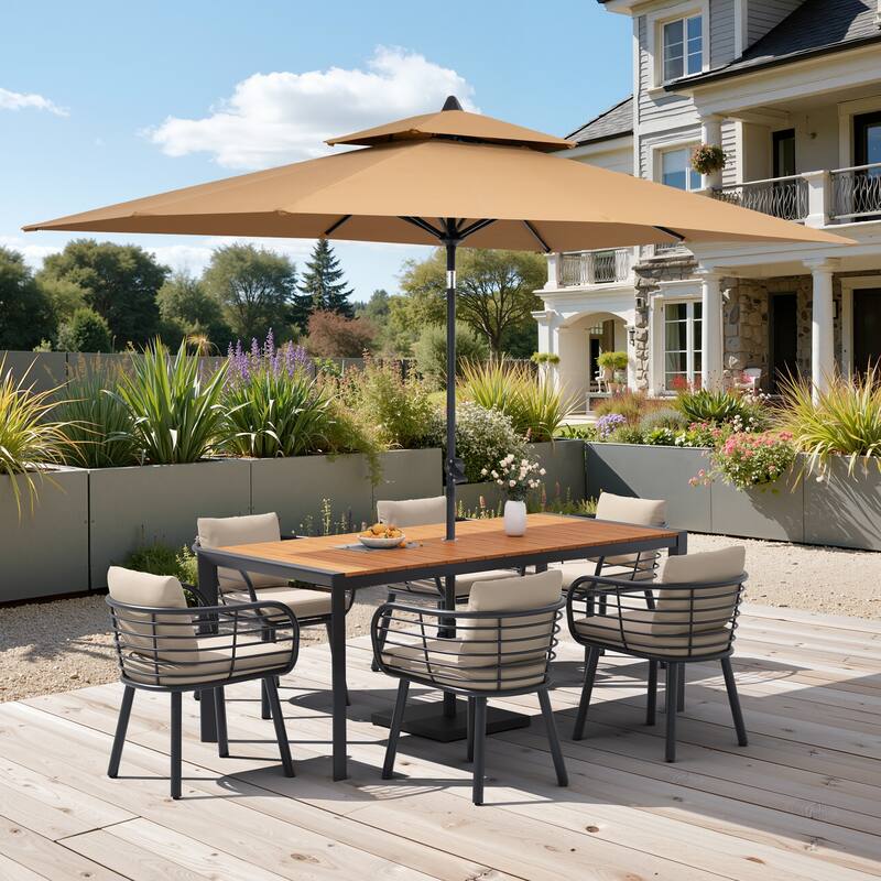9/11-Piece Outdoor Patio Dining Set w/10 ft Umbrella and Base Aluminum Dining Table and Dining Chairs with Sunbrella Cushions