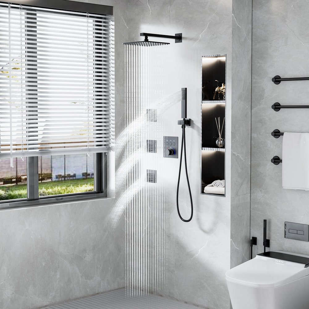 Modland Square Thermostatic Shower System - 3 Jets, WRAS Valve, Wall mounted, Matte Black/Gold/Nickel